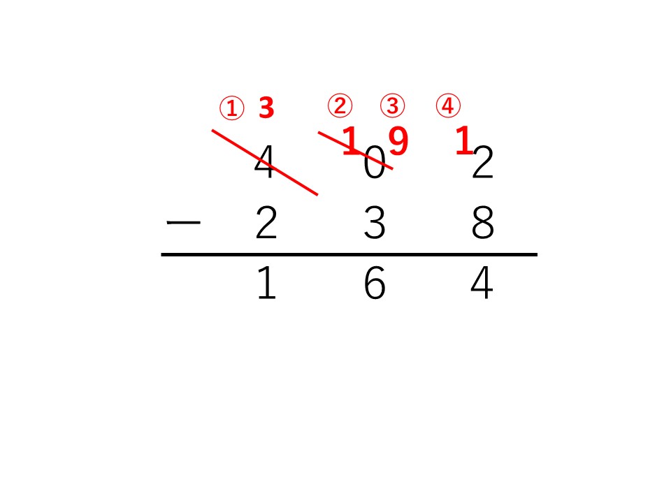 3桁の引き算の筆算 繰り下がりあり 十の位が０の場合 計算ミスを